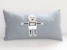 Coussin Robot lin gris bleu