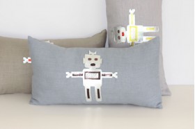 Coussin Robot lin gris bleu