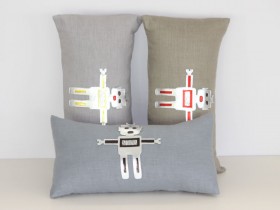 Coussin Robot lin gris bleu